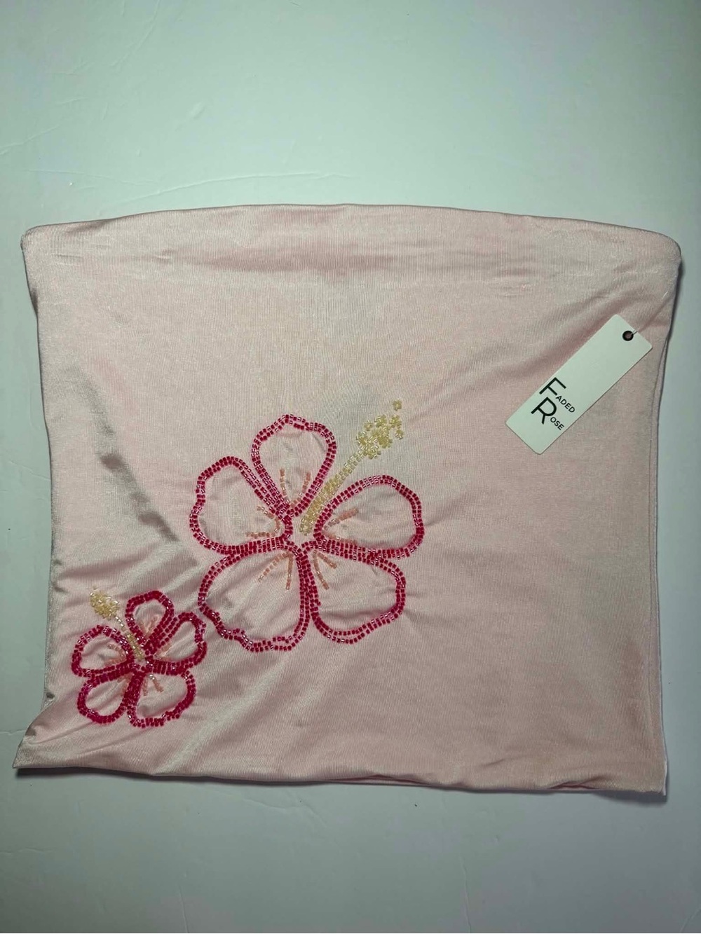 Faded Rose Pink Beaded Floral Tube Top - Size L - Y2K Embroidered - NWT
